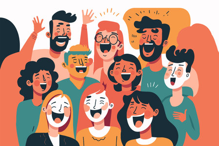 illustration happy laugh group people, portrait of smiling teenage boys and girls on new year party flat color vector cartoon styleのイラスト素材