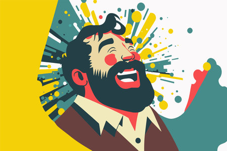 illustration of happy smiling success man, Cheerful joyful young man, boy portrait in flat color cartoon styleのイラスト素材