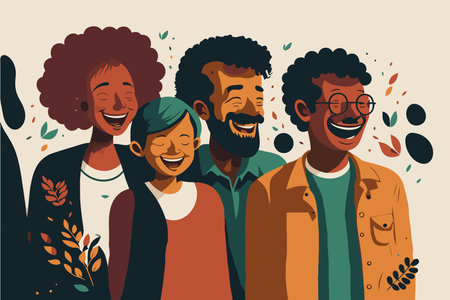 illustration happy laugh group people, portrait of smiling teenage boys and girls on new year party flat color vector cartoon styleのイラスト素材