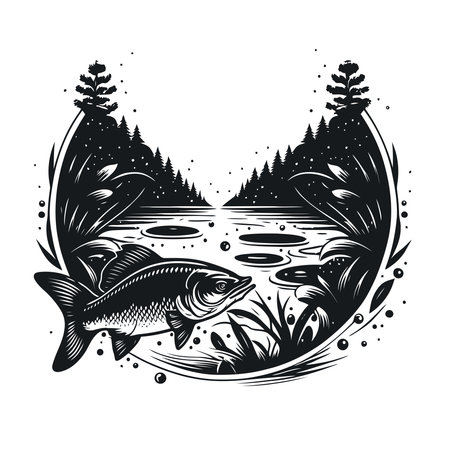 fishing fish in the water logo icon template design vector style illustrationのイラスト素材