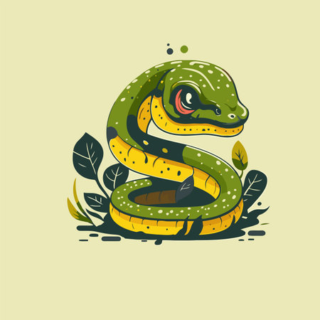 Green snake crawling character logo mascot badge in cartoon vector flat color style illustration