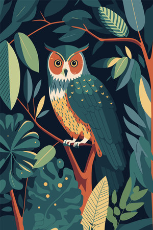 illustration owl cartoon flat color vector poster. abstract owl wall art print background for invitation card banner and design templateのイラスト素材