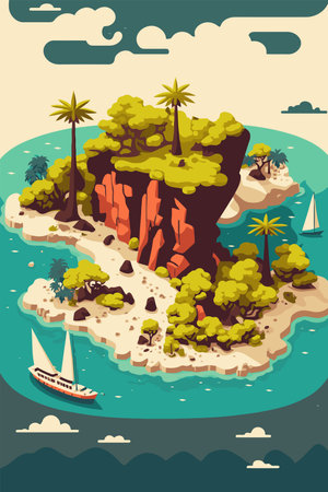 illustration of Tropical island in ocean with mountain and palm trees isolated background in vector flat color styleのイラスト素材