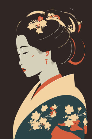 illustration of portrait japanese geisha in kimono, japan woman in traditional floral vector style wall art print decorのイラスト素材