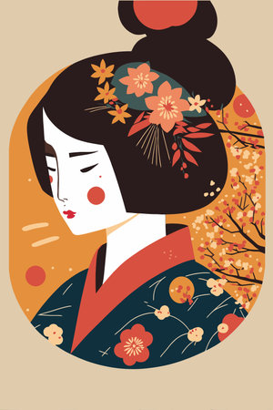 illustration of portrait japanese geisha in kimono, japan woman in traditional floral vector style wall art print decorのイラスト素材