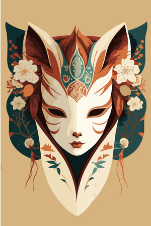 illustration of kitsune mask artwork with sakura flower, japanese mask vector wall art print japan styleのイラスト素材