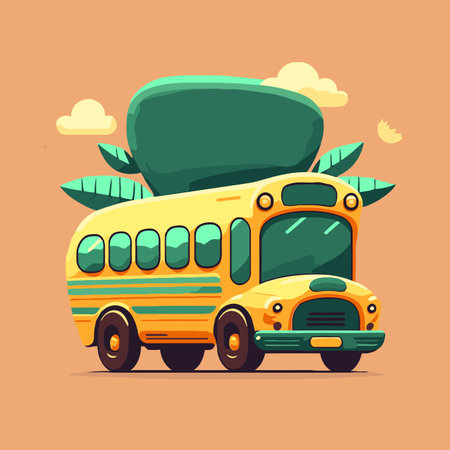 illustration of yellow school bus in flat color vector icon logo illustration for banner background...