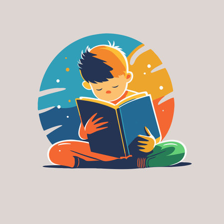 vector illustration little boy kid reading book icon in flat vector design for poster banner card design templateのイラスト素材
