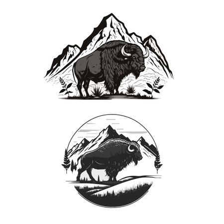 buffalo or Bison logo in the Rocky Mountain background vintage retro design Vectorのイラスト素材