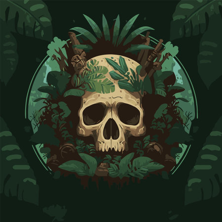 flat vector tropical skull head in green floral jungle illustration backgroundのイラスト素材
