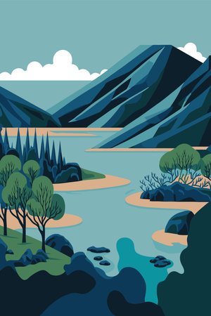 illustration of Blue Lagoon, Iceland city travel tourist attraction poster lake mountain nature in vector flat colorのイラスト素材