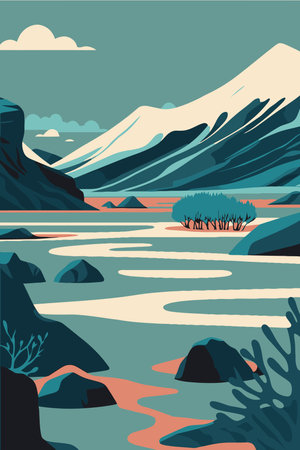 illustration of Blue Lagoon, Iceland city travel tourist attraction poster lake mountain nature in vector flat colorのイラスト素材