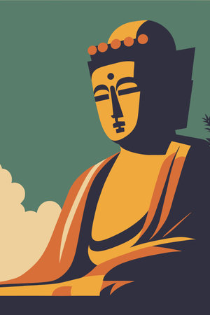 illustration of great buddha of kamakura, Japan in vector flat color background wall decor art printのイラスト素材