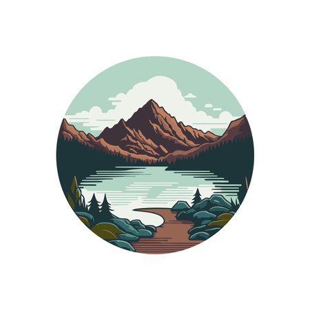 vector mountain lake adventure badge logo vintage style, icon symbolのイラスト素材