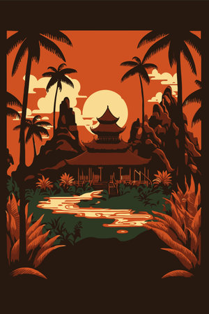 bali old temple, balinese culture background indonesia tourism retro style vector flat color illustrationのイラスト素材