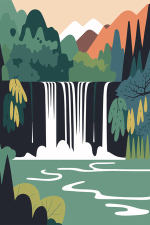 Waterfall in the forest. Vector illustration in a flat style.のイラスト素材
