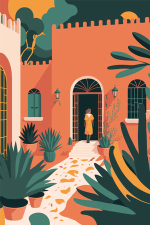 Walking through the streets of the old city. Vector illustration.のイラスト素材
