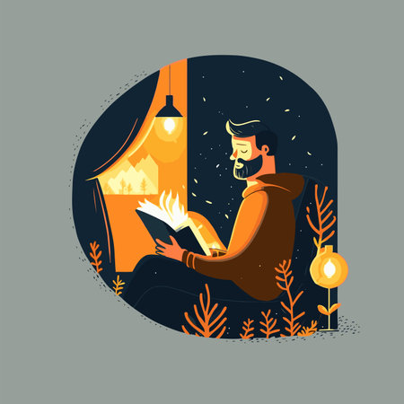 Man reading book at night. Vector illustration in flat cartoon style.のイラスト素材