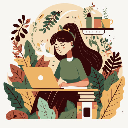 Vector illustration of a girl working on a laptop in the garden.のイラスト素材
