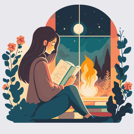 Girl reading a book near the window at night. Vector illustration.のイラスト素材