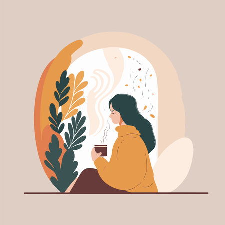 woman enjoy drink cup of coffee or tea Hygge concept vector flat cartoon illustration for banner posterのイラスト素材