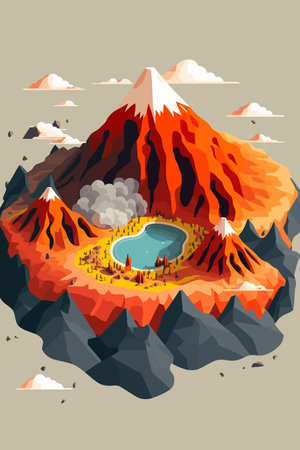 illustration Volcanic Mountain In Eruption background view in flat color vector