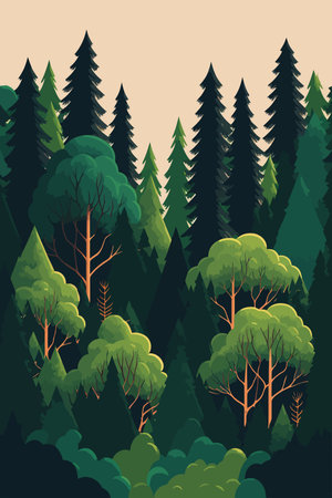 landscape green forest, pine trees in wilderness of a national park flat color vector illustrationのイラスト素材