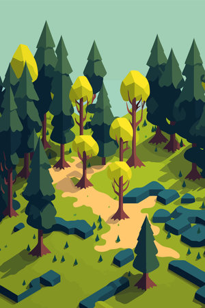 landscape green forest, pine trees in wilderness of a national park flat color vector illustrationのイラスト素材
