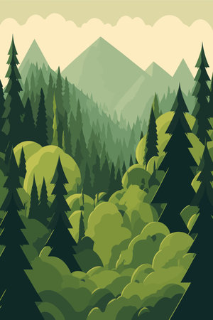 landscape green forest, pine trees in wilderness of a national park flat color vector illustrationのイラスト素材