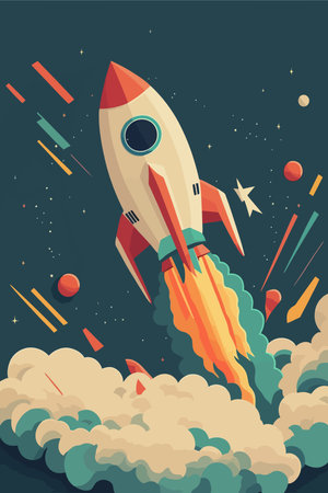 Space ship Rocket launch in the sky flying over clouds flat color vector illustrationのイラスト素材