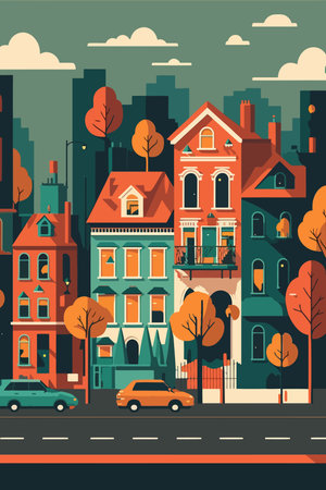 illustration of urban city high building view, landscape cityscape background flat color vector illustrationのイラスト素材