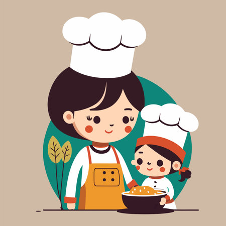 woman and little girl with chef hat and apron cooking togetherのイラスト素材