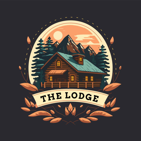 lodge badge logo, Wood cabin nature forest logo vector illustration, wooden houseのイラスト素材