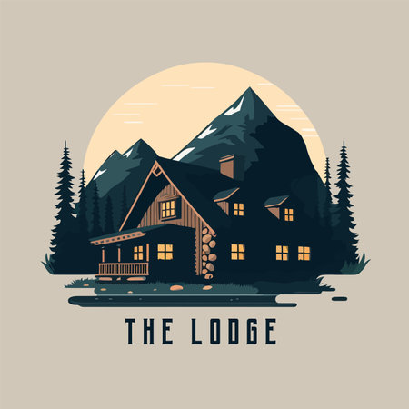 lodge badge logo, Wood cabin nature forest logo vector illustration, wooden houseのイラスト素材