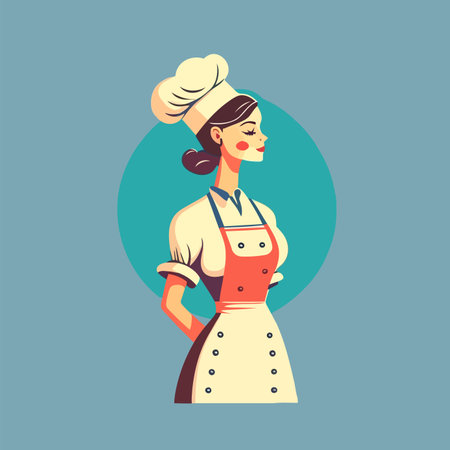 illustration of woman with chef hat and apron vector flat color styleのイラスト素材