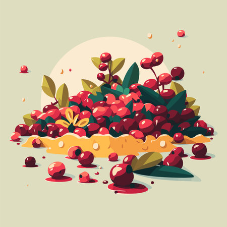 vector illustration Fresh Cranberry. Cranberries with leaves isolatedのイラスト素材