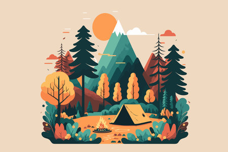 Camping in the forest. Vector illustration in flat design style. Nature camp background Conceptのイラスト素材