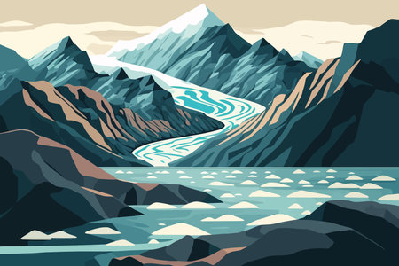 Glaciers and the icebergs of Antarctica nature landscape illustration vector in flat color cartoon styleのイラスト素材
