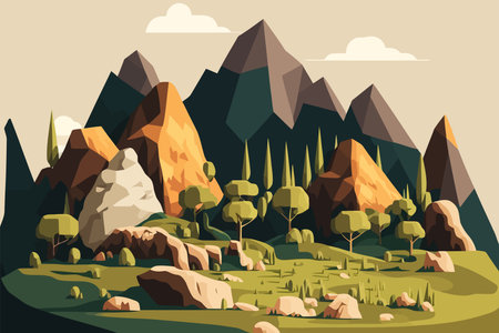 karts landscape nature with mountains and trees. Vector illustration in flat color cartoon style.のイラスト素材