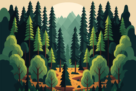 Landscape of nature green forest mountain. Vector illustration in flat color cartoon style.のイラスト素材