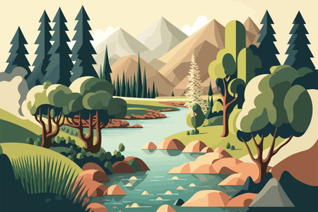 Landscape with mountains and river. Vector illustration in flat cartoon style.のイラスト素材