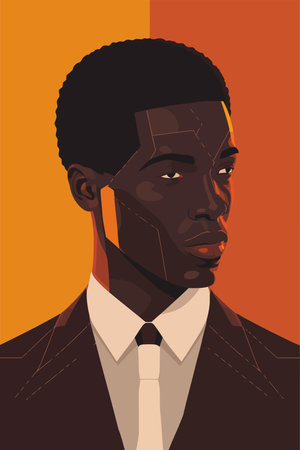 African american man in suit and tie on orange background. Vector illustration. flat color cartoon style portrait posterのイラスト素材