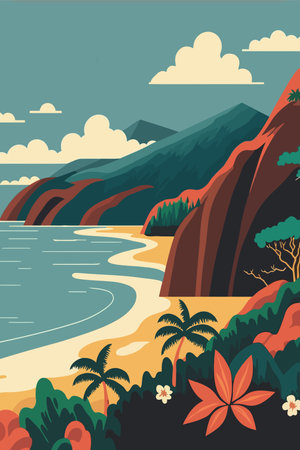 hawai Seascape with mountains and sea. Vector illustration in flat color cartoon style travel posterのイラスト素材