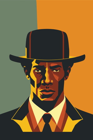 African american man in a hat and suit. Vector illustration. flat color cartoon style portrait...