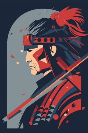japanese samurai warrior close up flat color vector illustration for wall art printのイラスト素材