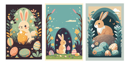 Easter greeting cards with cute bunnies. Vector illustration.のイラスト素材
