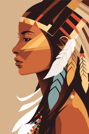 Native american indian woman with feathers in profile, vector flat color illustration art print posterのイラスト素材