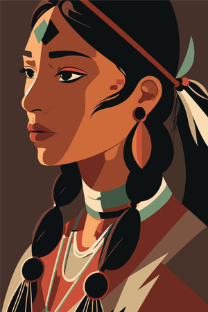 Native american indian woman with feathers in profile, vector flat color illustration art print posterのイラスト素材