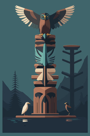 Colored Indian Wooden totem pole with tiki mask and eagle. Vector cartoon flat illustration for wall art print posterのイラスト素材