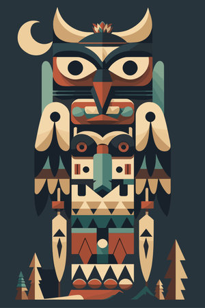 Colored Indian Wooden totem pole with tiki mask and eagle. Vector cartoon flat illustration for wall art print posterのイラスト素材